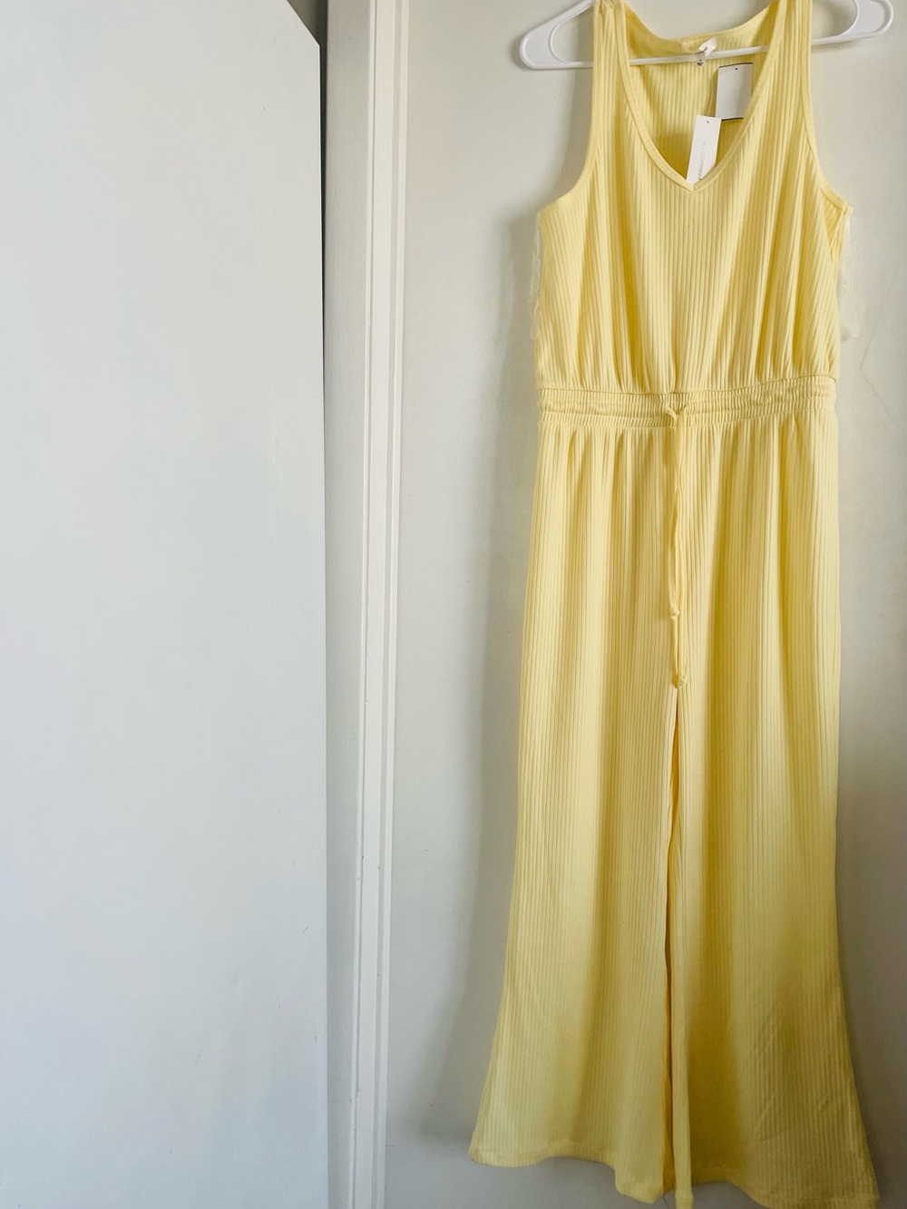Sleeveless Yellow Ribbed Jumpsuit with Elastic Waist